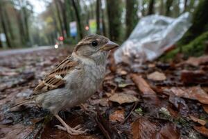 A small bird explores the damp forest floor covered in fallen leaves while cars pass by on the nearby road on a cloudy day photo