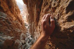 A climber's hand firmly holds onto a rocky surface while navigating through a narrow canyon illuminated by sunset light photo
