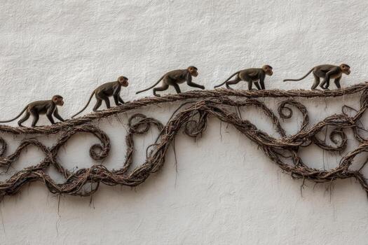 Monkeys are seen walking in a line along a decorative vine structure mounted on a white wall under bright daylight photo