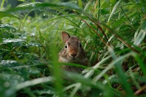 A small rabbit sits quietly among lush green grass, enjoying a peaceful moment in nature under clear blue skies photo