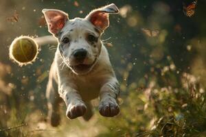 A joyful puppy jumps in a vibrant field, chasing a floating ball, while colorful butterflies dance around it in the sunlight photo