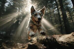 A joyful dog runs and jumps through a sun-drenched forest, highlighting its playful attitude and the beauty of nature photo