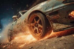 A racing car kicks up dirt and emits sparks as it speeds through a dirt track, showcasing intense motion and energy at night photo