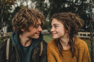 Two teenagers smile at each other while seated on swings, surrounded by autumn foliage and a serene park atmosphere photo