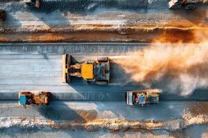 Heavy machinery is actively shaping a gravel road during early morning hours, with dust being kicked up from the ground photo