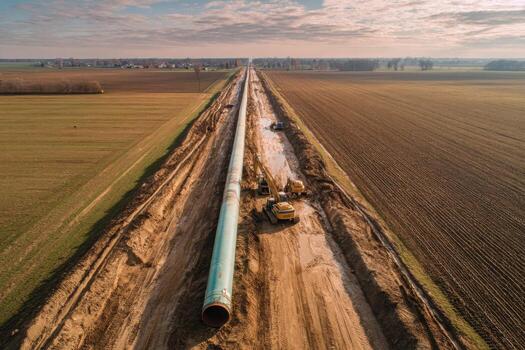 Workers and machinery lay a massive pipeline across a dirt path in an open field during late afternoon photo