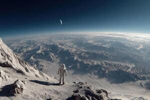An astronaut in a white suit stands on a snowy mountain slope, observing Earth and the crescent moon above during twilight conditions photo
