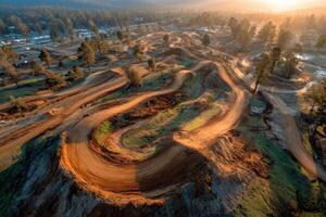 Dirt bike riders navigate a twisting course surrounded by trees as the sun rises, casting warm light on the dirt trails and scenery photo