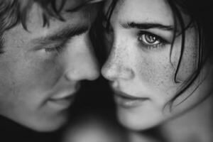 Two individuals share an intimate gaze, highlighting their emotional connection in a soft, romantic atmosphere photo