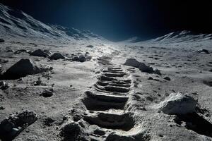 Footprints trail across the moon's dusty surface, revealing the stark contrast of light and shadow in a desolate expanse photo