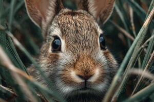 A rabbit gazes curiously from its hiding spot in the verdant grass, surrounded by nature in bright daylight photo