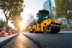 Heavy machinery is compacting fresh asphalt on a city street at dawn, surrounded by trees and tall buildings in the background photo
