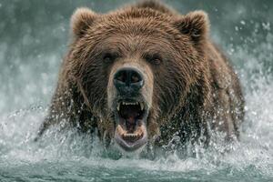Powerful grizzly bear emerges from water, showing teeth and claws, while surrounded by splashing waves in a wild setting photo