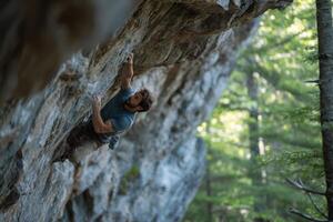 A skilled climber ascends a rocky cliff under bright sunlight, surrounded by lush trees, showcasing grit and determination photo