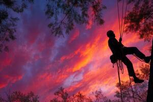 A skilled arborist rappels down a tree silhouetted by a vibrant sunset, surrounded by colorful clouds and trees photo