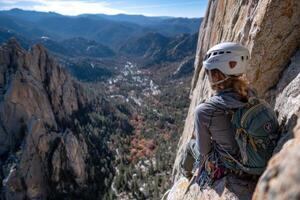 A climber takes a break sitting on a rocky ledge, enjoying the stunning view of a valley and distant mountains under a clear blue sky photo