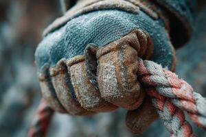 A gloved hand firmly holds a climbing rope, showcasing the texture and effort involved in the outdoor activity against a rocky background photo