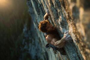 A dedicated climber ascends a steep rock face during sunset, showcasing physical strength and focus against a stunning natural backdrop photo