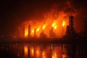 Flames erupt from chemical plant structures at night, casting an eerie glow over the water, showcasing industrial activity and danger photo