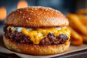A cheeseburger with a sesame bun, melted cheese, and a side of crispy golden fries is displayed in a warm, inviting atmosphere photo