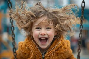 Young child with curly hair laughs loudly while swinging at the playground, surrounded by colorful play equipment and bright blue skies photo