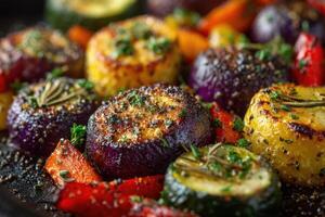 Fresh vegetables are roasted to perfection, showcasing vibrant colors and seasoned with aromatic herbs and spices for a delicious meal photo