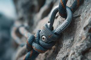 A metal carabiner attached to a brightly colored climbing rope rests against a jagged rock face in an outdoor climbing environment photo
