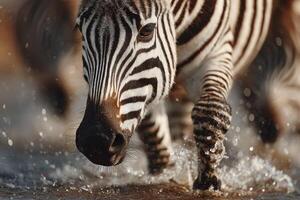 A zebra moves through shallow water, creating splashes as sunlight glimmers on the surface in a savannah landscape photo