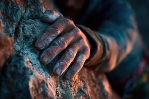 Hands covered in chalk grasp a rugged rock face as a climber navigates the challenging slope at sunset photo