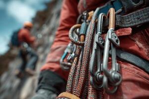 A climber checks their safety equipment and ropes while ascending a challenging rock wall with a bright blue sky overhead photo