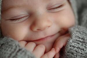 A joyful baby smiles with closed eyes, wearing soft knitted clothing, enjoying a warm and serene moment while resting photo