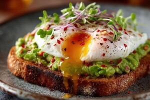 Freshly prepared avocado spread on toasted bread, topped with a perfectly poached egg and garnished with microgreens and chili flakes photo