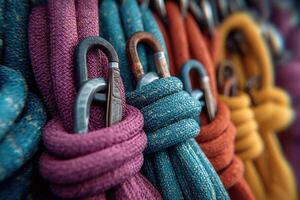 Colorful climbing ropes and sturdy carabiners arranged neatly in a sports store, highlighting the various equipment available for outdoor enthusiasts photo