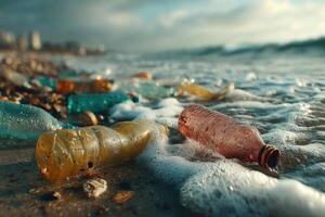 Colorful plastic bottles litter the sandy beach as waves gently crash, emphasizing the impact of waste on coastal ecosystems at sunset photo