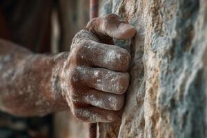 A climber's hand, covered in chalk, firmly grasps a rugged rock surface while ascending a challenging route outdoors photo