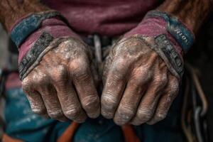 Hands of a climber, coated in chalk, reflect hard work and dedication after a demanding climb on rocky terrain photo