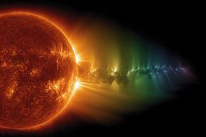 A vibrant solar flare erupts from the sun, showcasing a spectrum of colors against a black backdrop of space photo