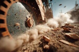 Construction equipment removes wood debris while dust clouds rise into the air at a busy work site during sunset photo
