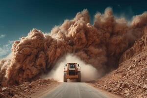 Heavy machinery works to clear a rugged landscape, sending huge clouds of dust into the air on a bright day photo