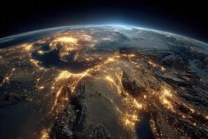 Vast nighttime perspective of Europe and Asia, highlighting illuminated cities and networked roads against darkness photo