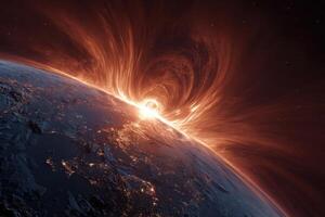 A brilliant solar eruption erupts towards Earth, casting bright colors and swirling patterns in the dark expanse of space photo