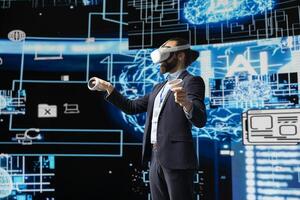 Business IT expert employs vr glasses and artificial intelligence brain, working on data visualization cybernetics within a futuristic interface for machine learning. High tech gadget for innovation. photo