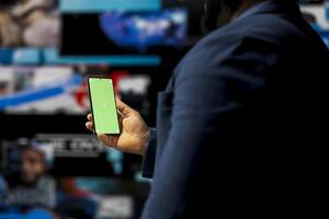 Digital world showing black user navigating visualized data and mockup, applications and social networks with mobile technology. Man showcasing influencer culture and global engagement. photo