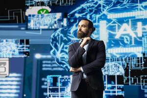 Professional businessman looks around at AI neural network system, employing digital brain visualization for machine learning and programming. Driving smart technology and algorithmic thinking. photo