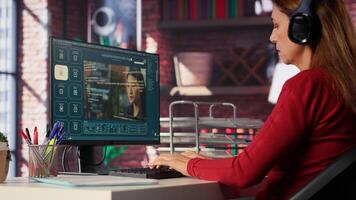 Software developer at home office coding on desktop using AI powered script, building an interface and implementing programming language algorithms. Engineer uses text to code. Camera A. photo