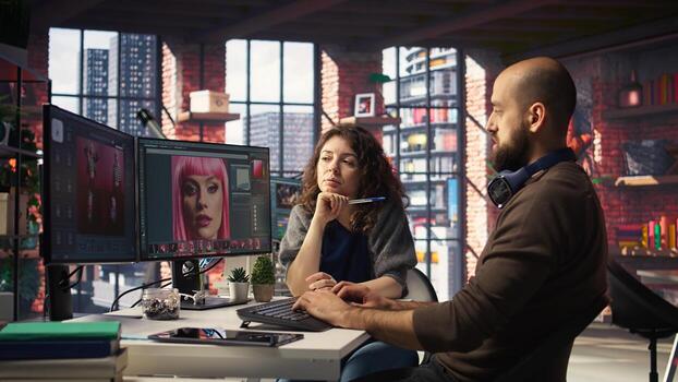 Creative team works with AI chatbot and editing software to improve content, applies machine learning and automation to generate high quality images. Generating photography. Camera A. photo