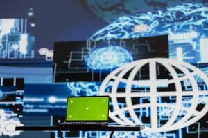 Surrounded by digital data and AI brain systems, laptop showcases green screen on a display. Automation platforms and cloud computing ensures a modern strategy and innovation. photo