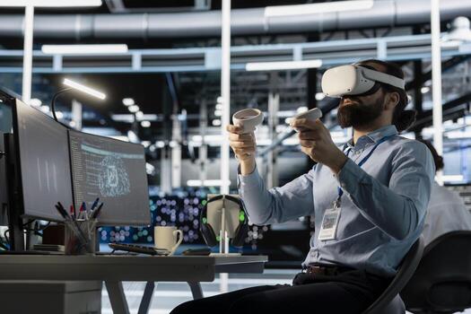 datos centrar ingeniero utilizando virtual realidad tecnología a visualizar artificial inteligencia neural redes servidor habitación trabajador utilizando vr auriculares equipo a supervisar ai sistemas foto