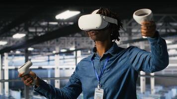 Data center admin wearing VR headset using artificial intelligence neural networks technology. Server hub developer using AI programming language and virtual reality to update hardware photo