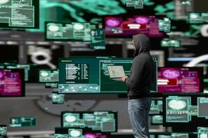 In a dark web environment, hacker programming malicious code designed to exploit IT security flaws, breach firewalls and expose private data through virtual threat operations. Stealth mode. photo